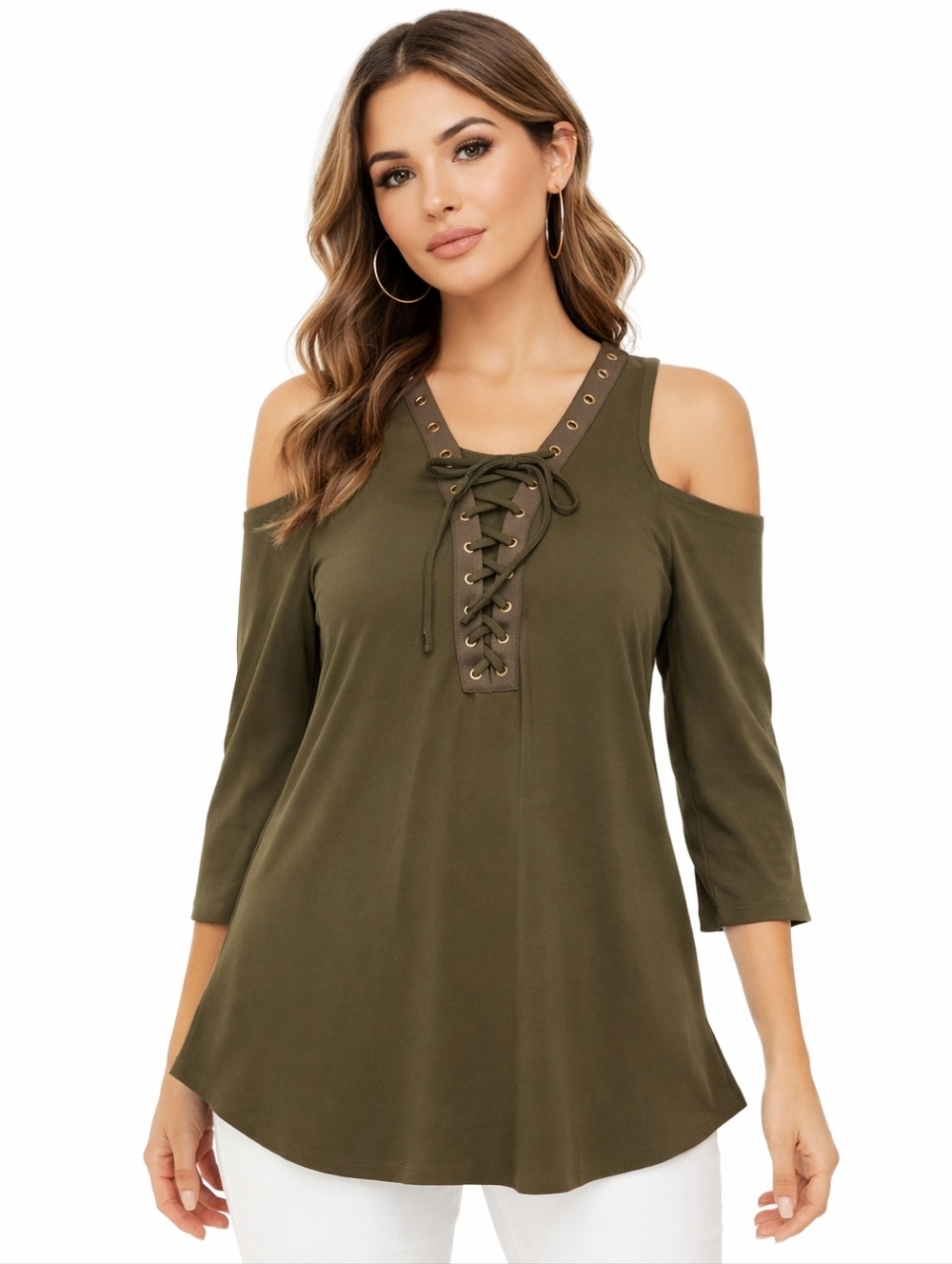 Iz Byer Tie Front Cold Shoulder Top Army Green XL
